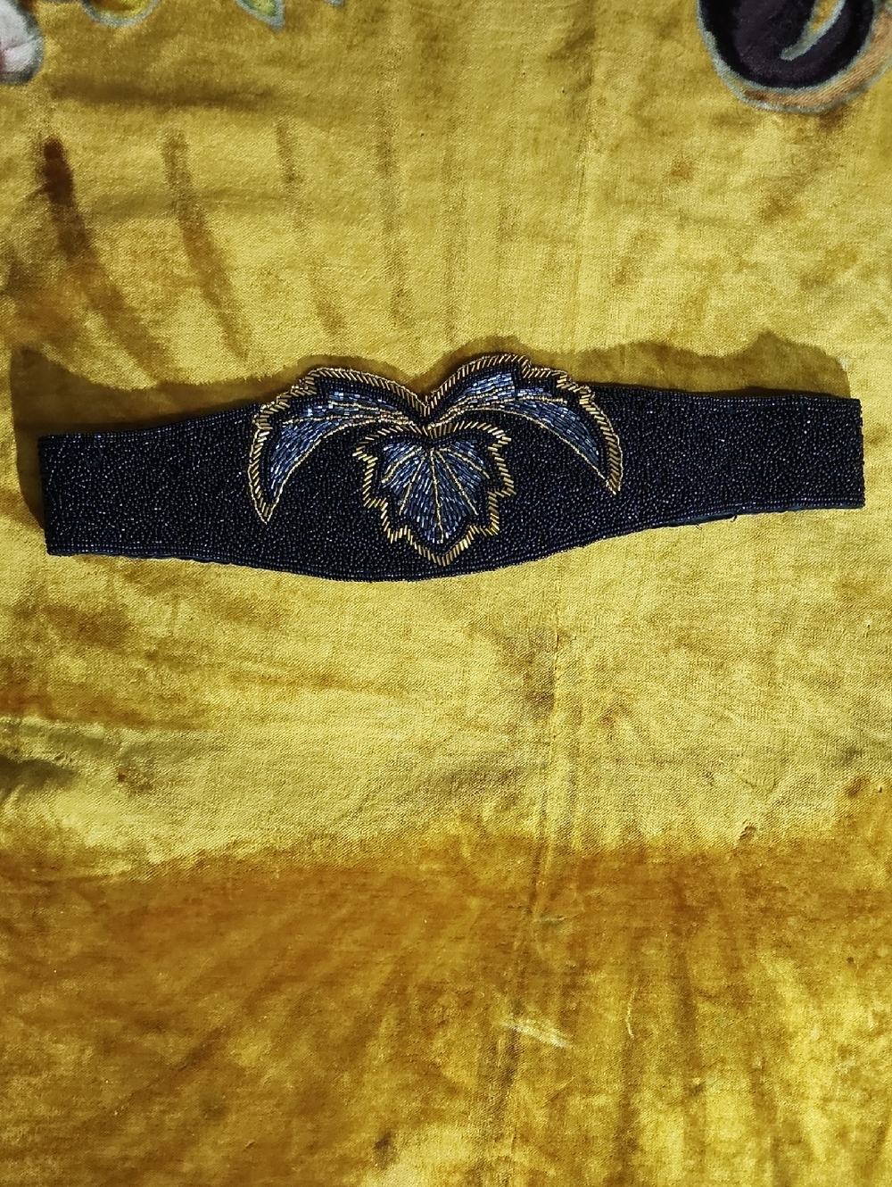 Vintage Black Beaded Belt with Gold & Blue Leaf Motif